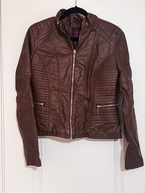 Olivia Miller Large Vegan Leather Moto Jacket Brown